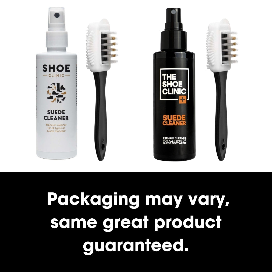 Two sets of a bottle of The Shoe Clinic Suede Cleaner with brush on a white background, with text indicating product variation.