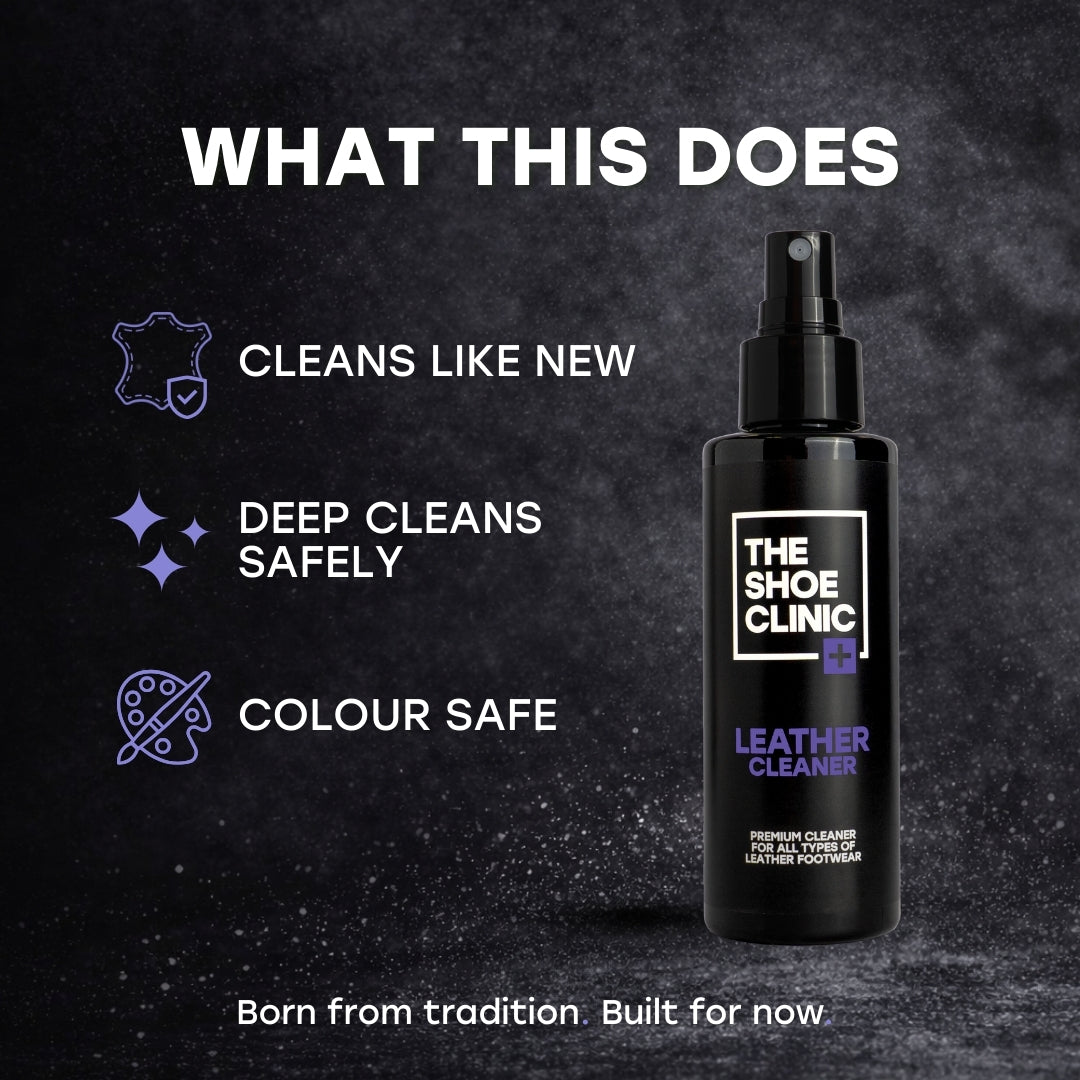 Black bottle of The Shoe Clinic leather cleaner with features listed on a dark background