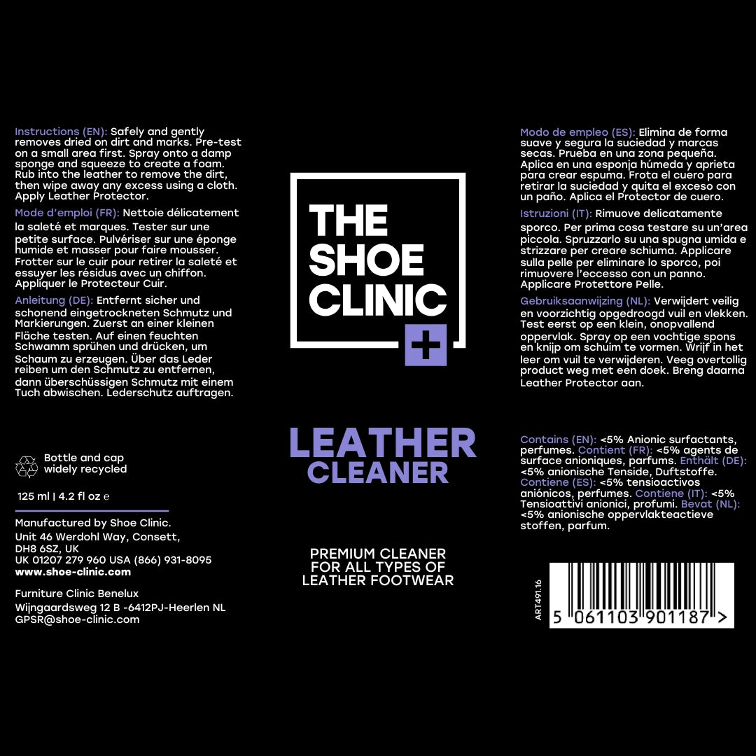 Back label of The Shoe Clinic leather cleaner with instruction in various languages and saftey warnings.