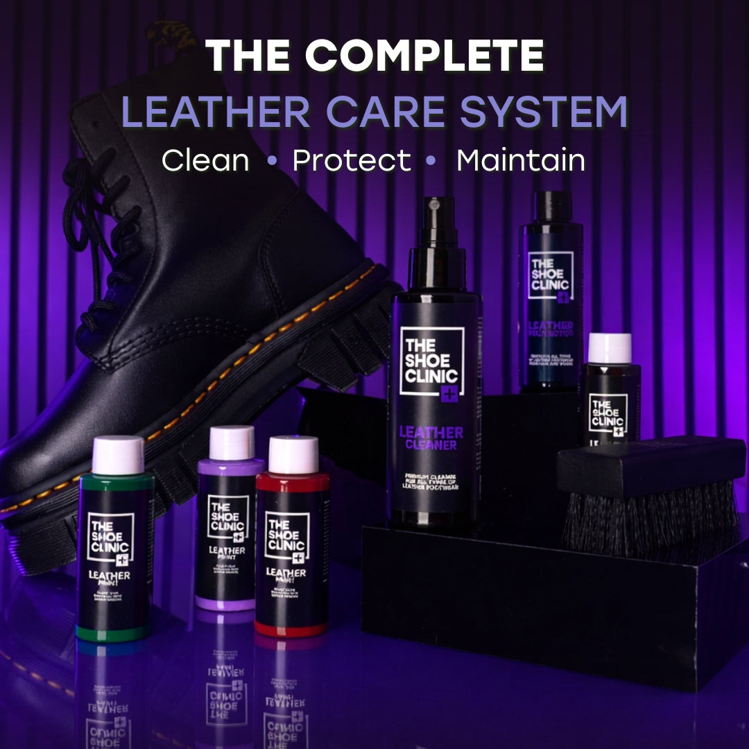 The Complete Leather Care System with bottles and a black boot on a purple background