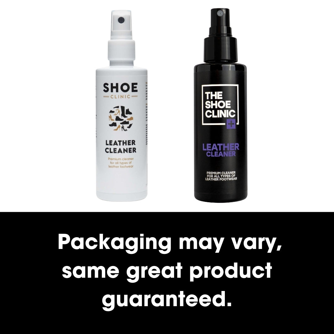Two bottles of Shoe Clinic leather cleaner on a white background with text indicating product consistency.
