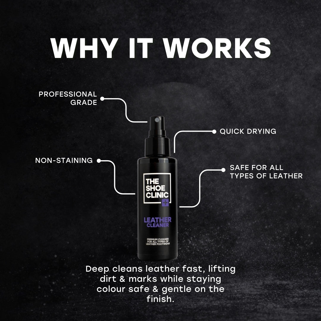 Black bottle of The Shoe Clinic leather cleaner with features highlighted on a dark background