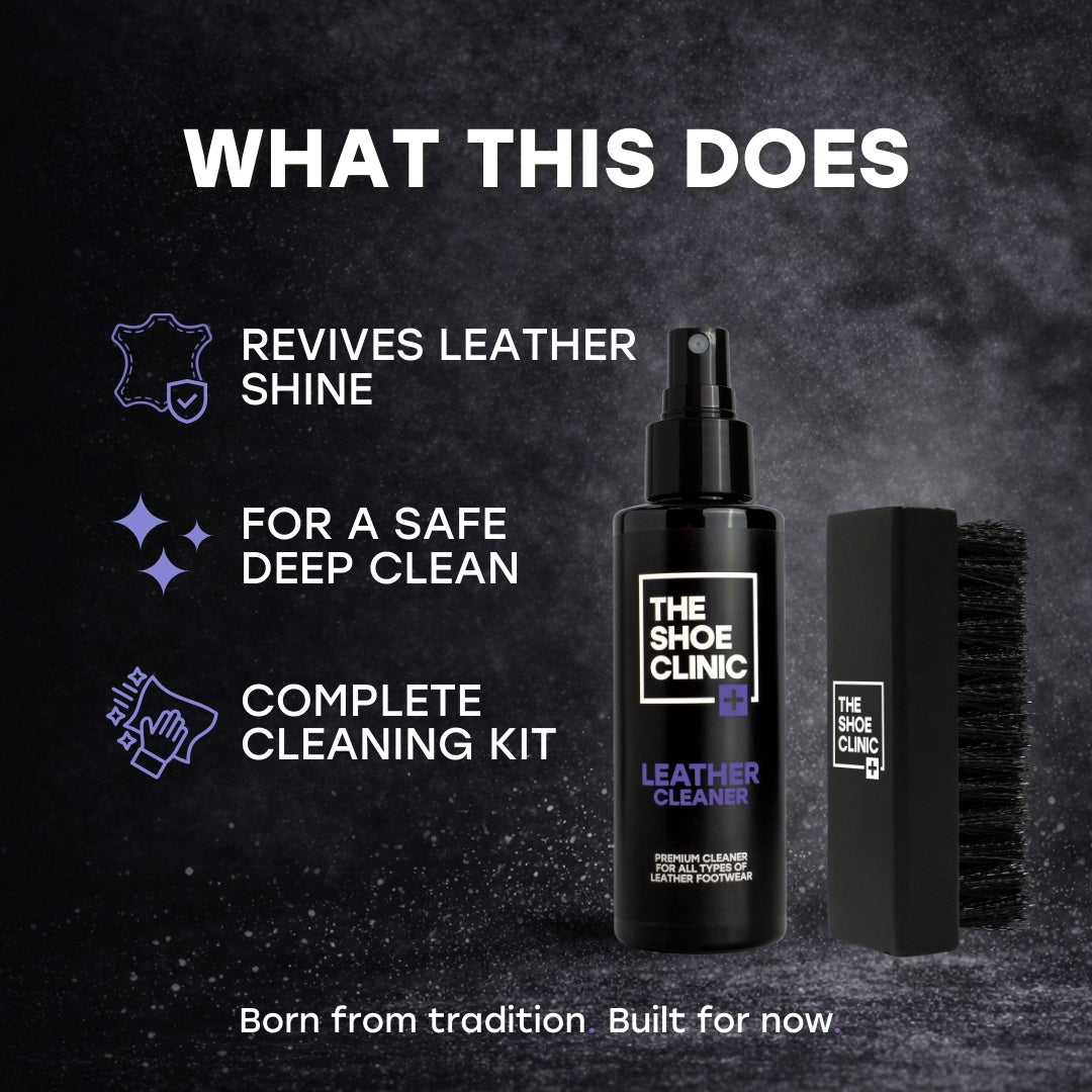 The Shoe Clinic leather cleaner and brush set with text on a dark background