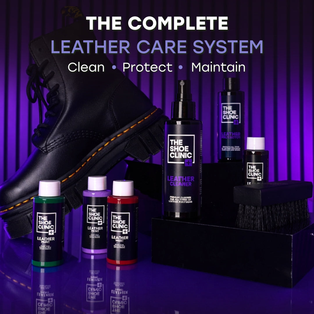 Leather care system with bottles and a boot on a purple background