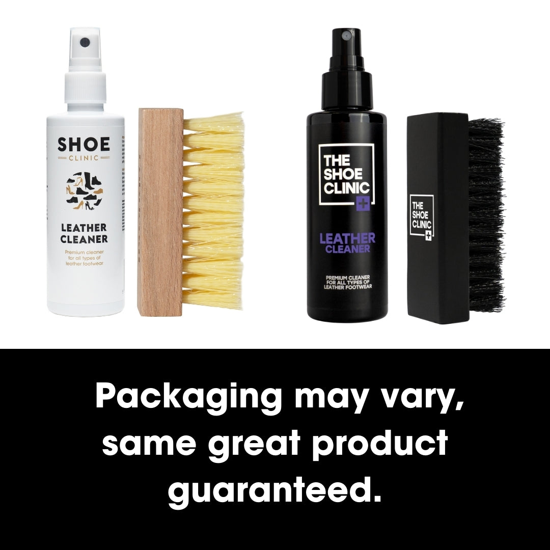 Set of shoe cleaning products including a spray bottle and brush, with text indicating product variety.