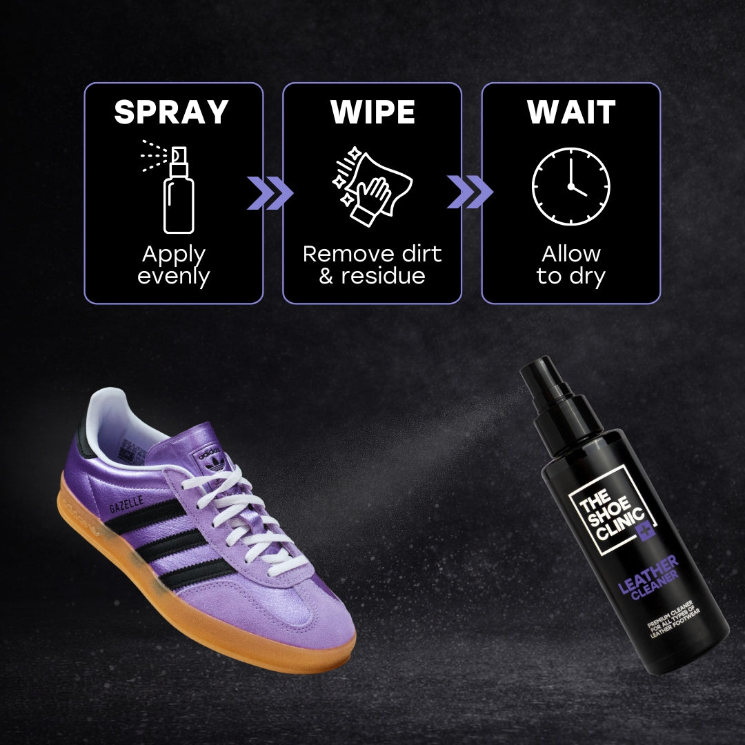 Brief Instructions showing a purple sneaker with black stripes next to a spray bottle labeled 'The Shoe Clinic, Leather Cleaner' on a dark background.