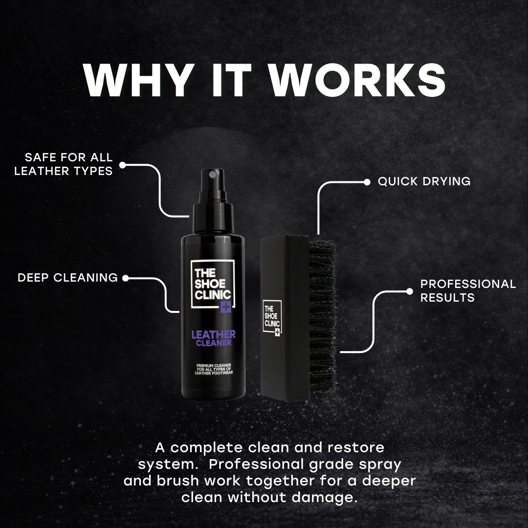 The Shoe Clinic leather cleaner with a brush on a black background, highlighting features like safe for all leather types, quick drying, deep cleaning, professional results.