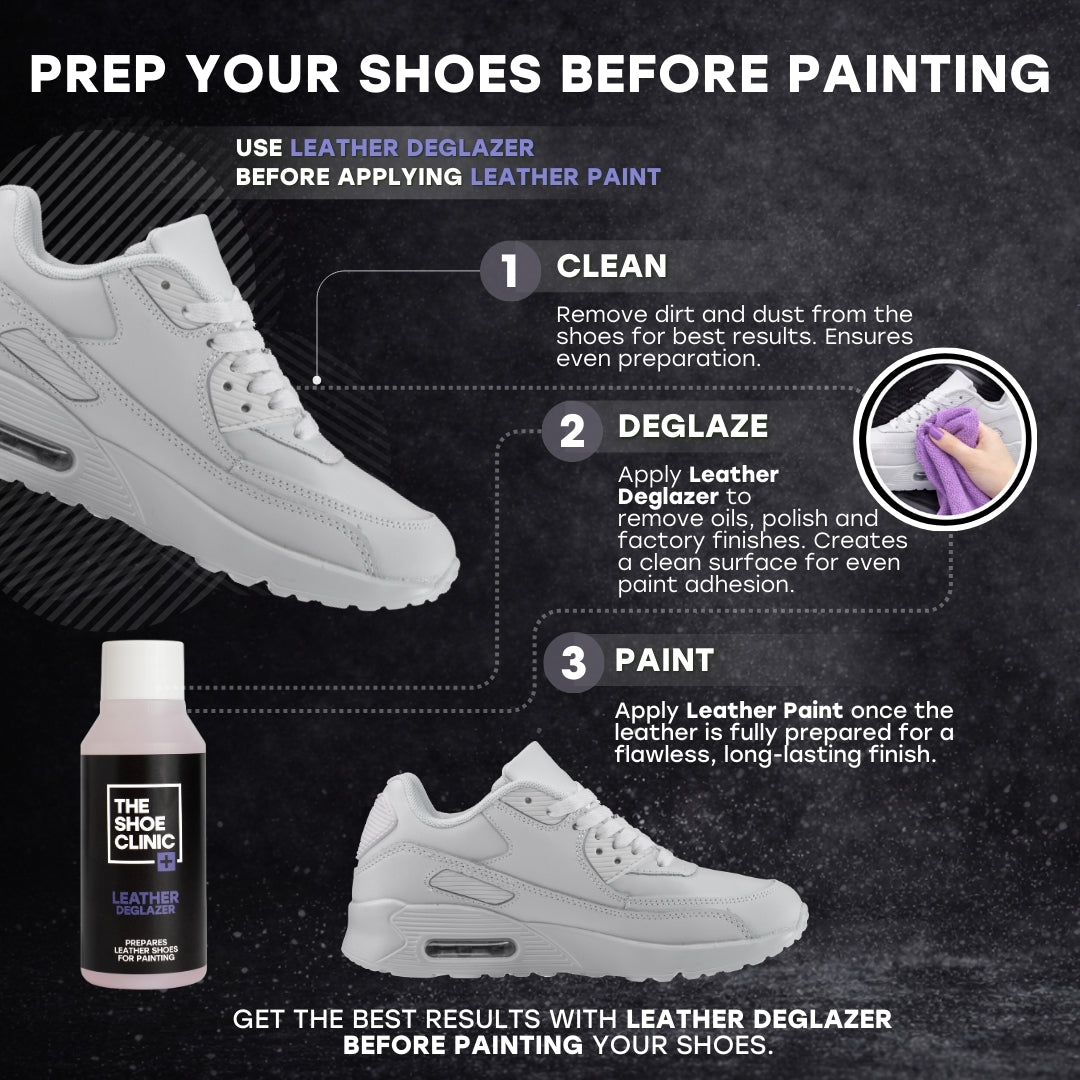 Instructions for preparing shoes before painting with a focus on using leather deglazer.
