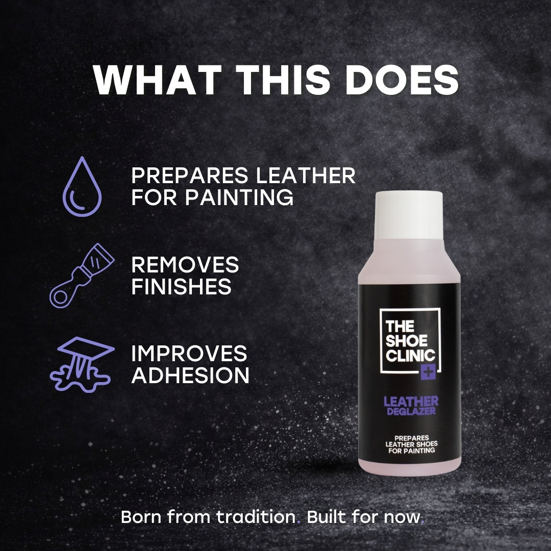 Bottle of The Shoe Clinic leather deglazer with features listed on a dark background