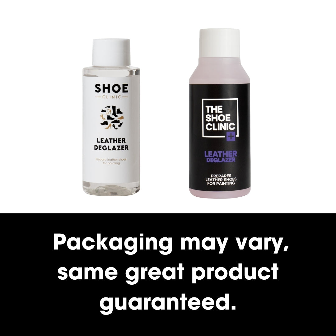 Two bottles of The Shoe Clinic leather deglazer products on a white background, with text indicating product variety.