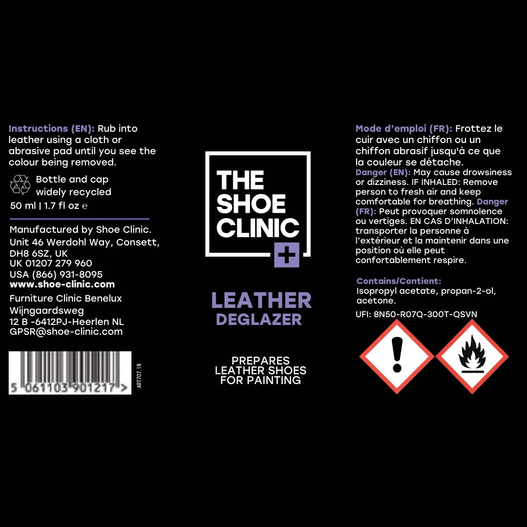 Back label of The Shoe Clinic Leather Deglazer with instruction in various languages and saftey warnings.