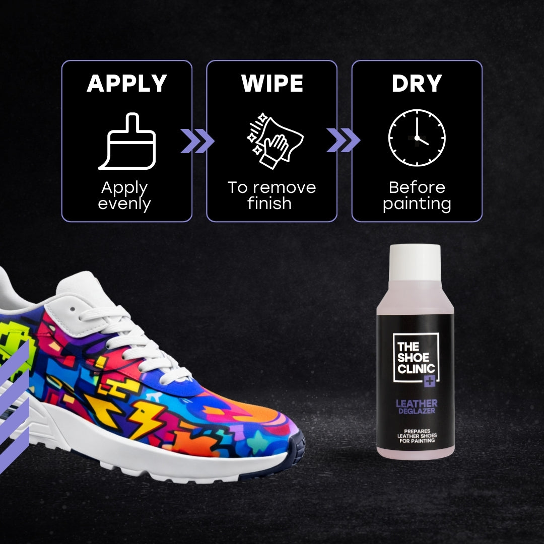 Brief Instructions showing a colourful sneaker next to a spray bottle labeled 'The Shoe Clinic, Leather Deglazer' on a dark background.