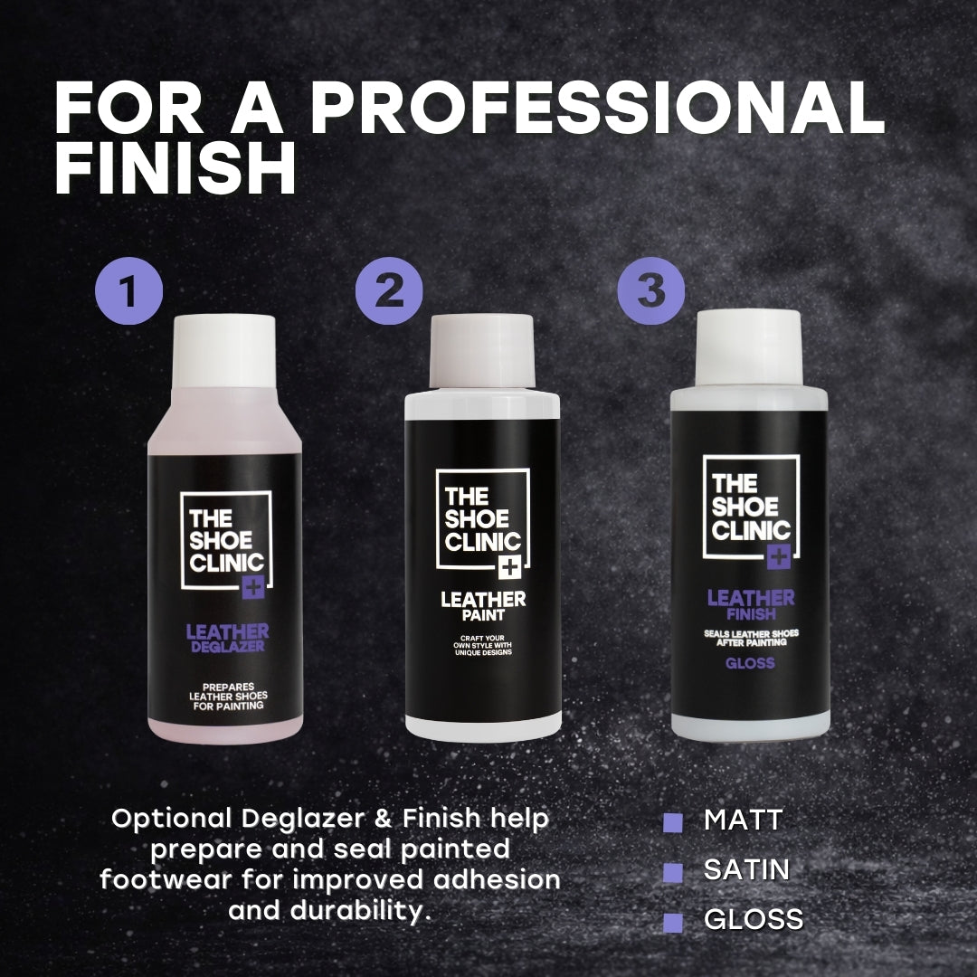 Three bottles of The Shoe Clinic leather restoration products on a dark background with text about professional finish.