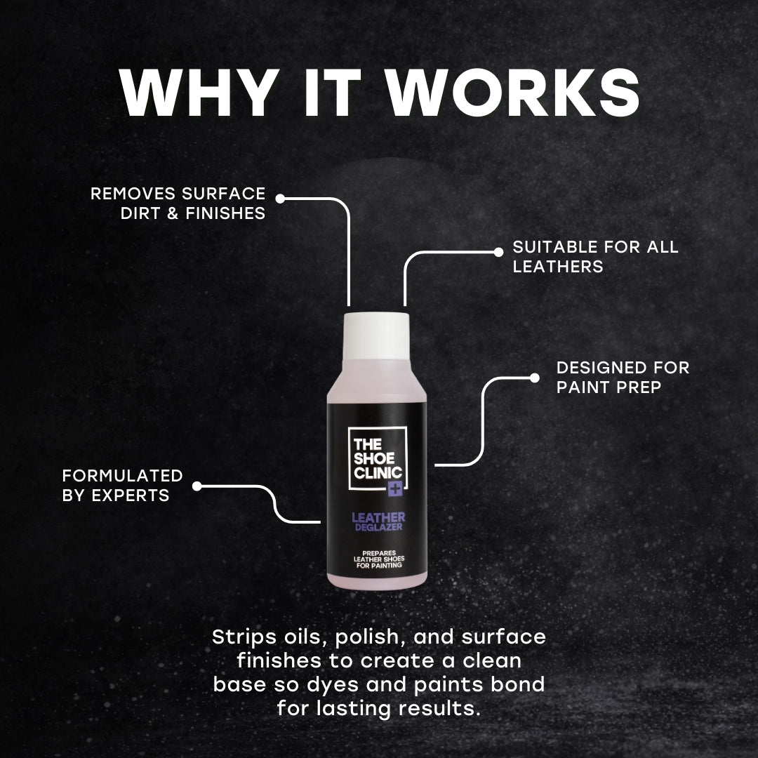 Bottle of The Shoe Clinic leather cleaner with features highlighted on a dark background