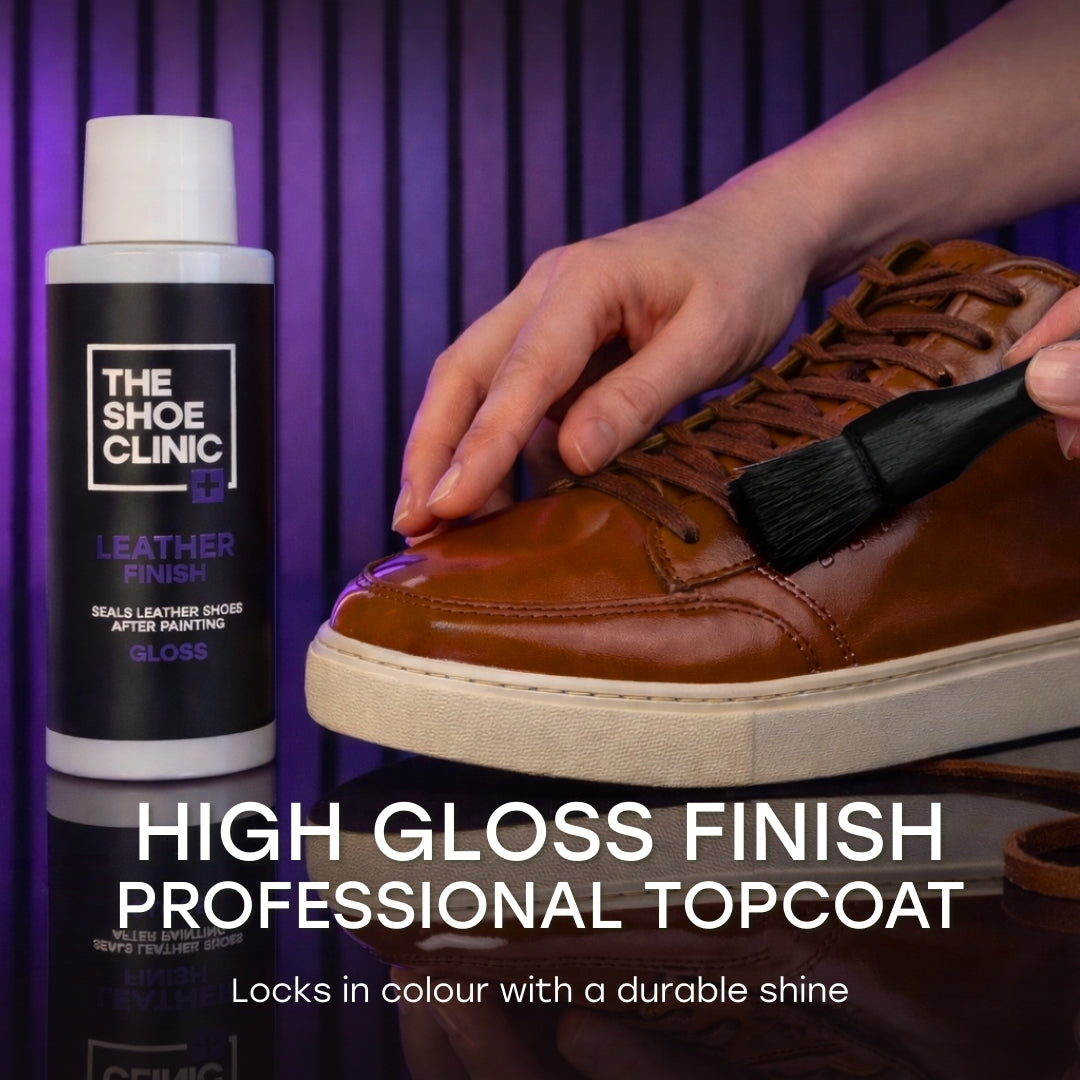 Person applying a high gloss finish to a brown leather shoe with 'The Shoe Clinic, Leather Finish' product visible.
