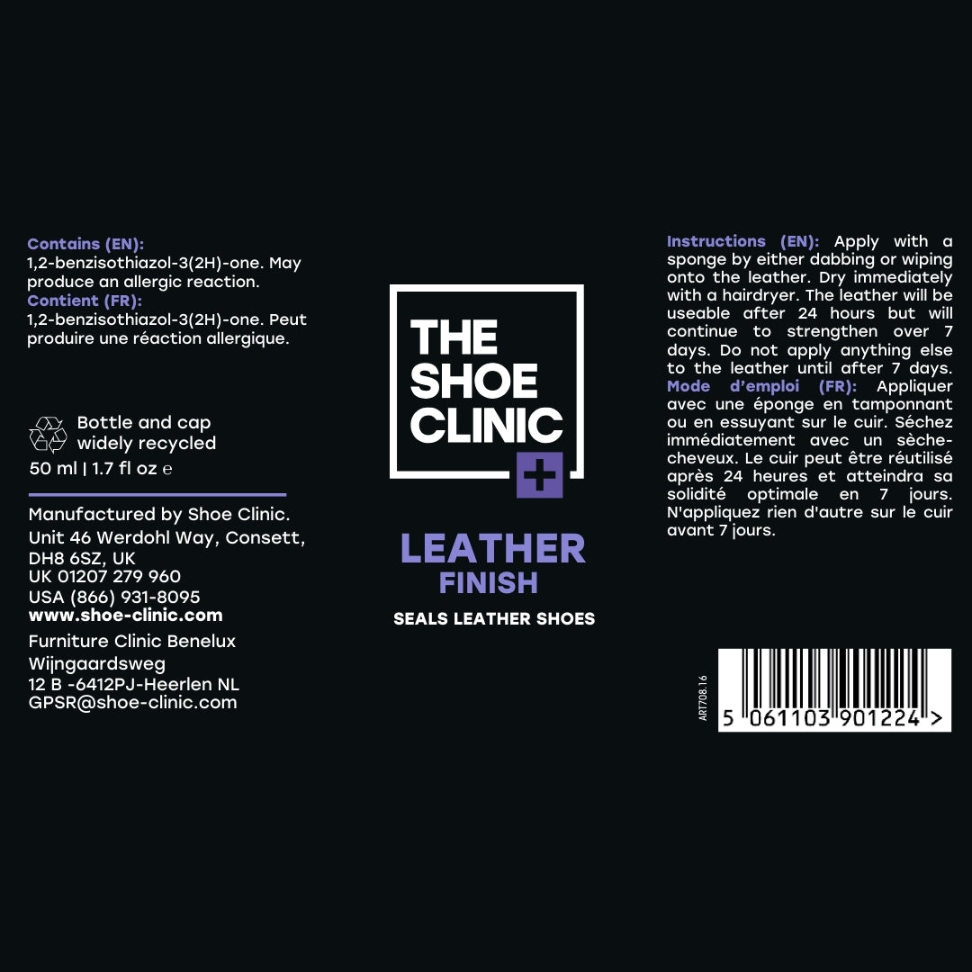 Label of The Shoe Clinic, Leather Finish with instructions in two languages with addition product information.