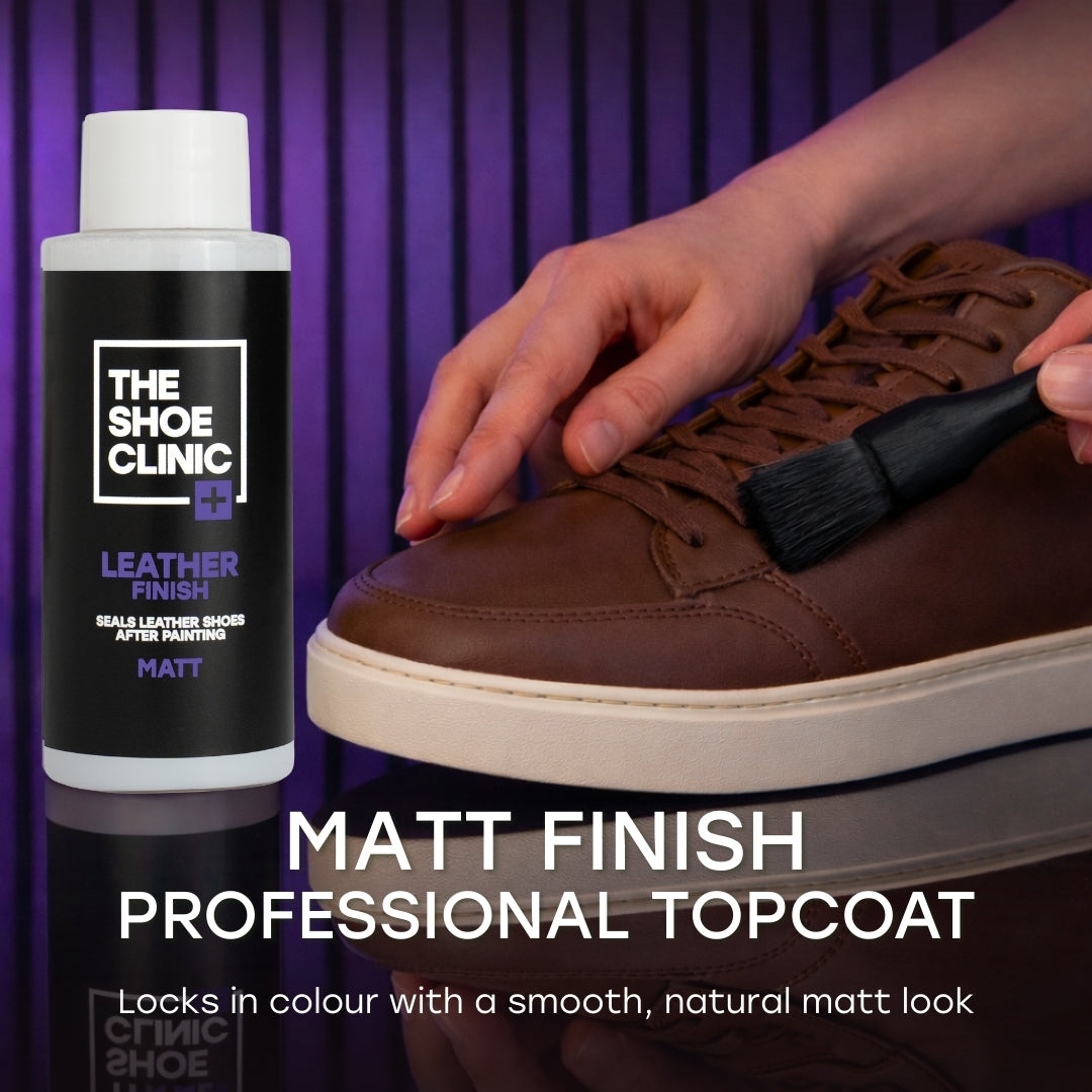 Person applying a flat Matt finish to a brown leather shoe with 'The Shoe Clinic, Leather Finish' product visible.