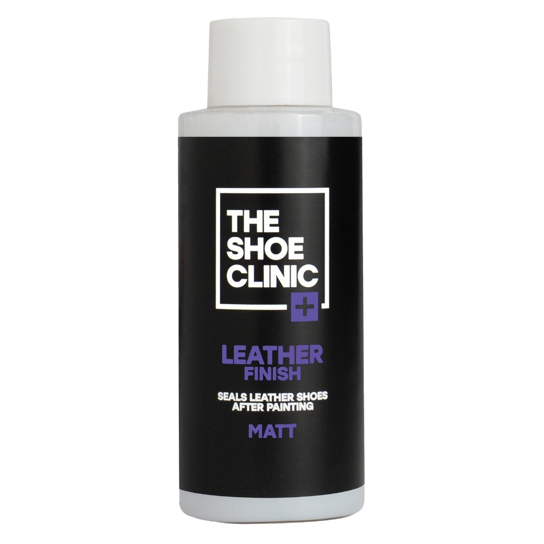 Bottle of The Shoe Clinic leather finish matt on a white background
