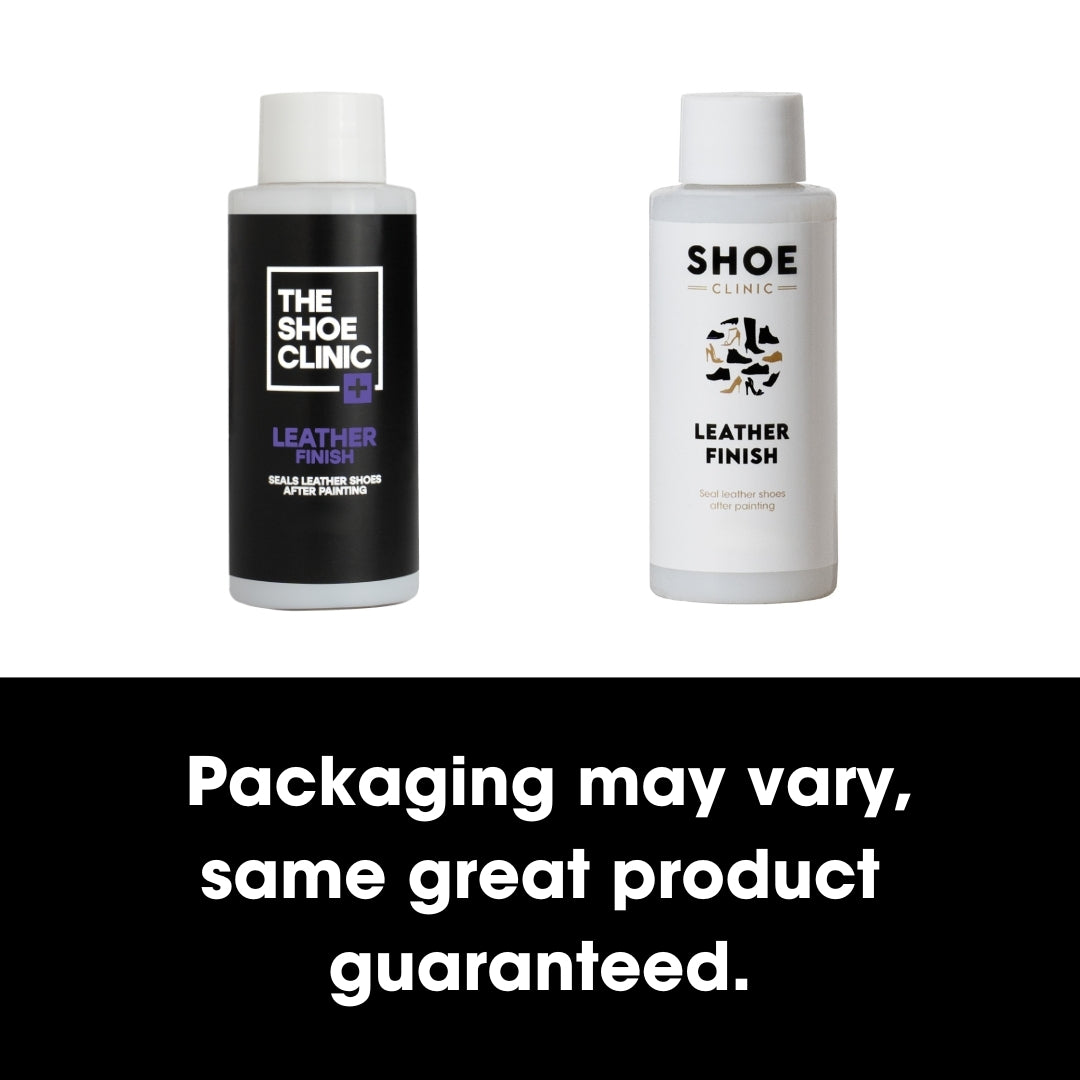 Two bottles of The Shoe Clinic leather finish products on a white background, with text indicating product variety.