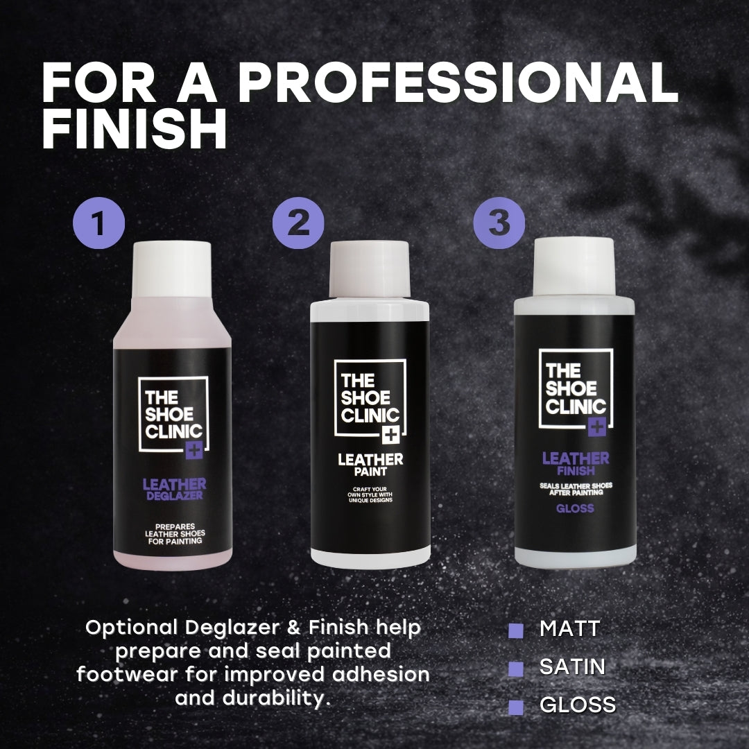 Three bottles of The Shoe Clinic leather care products on a dark textured background with text about professional finish and product types.