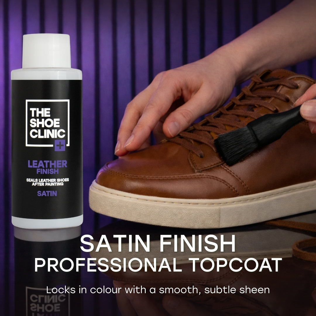 Person applying a nice satin finish to a brown leather shoe with 'The Shoe Clinic, Leather Finish' product visible.