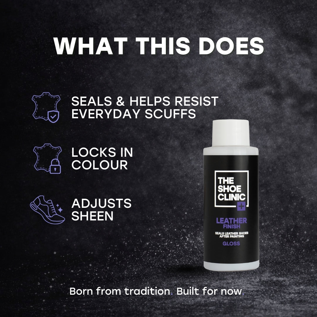 Black bottle of The Shoe Clinic leather finish with features listed on a dark background