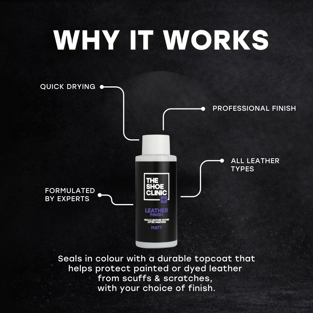 Bottle of The Shoe Clinic leather finish product with features highlighted on a black background