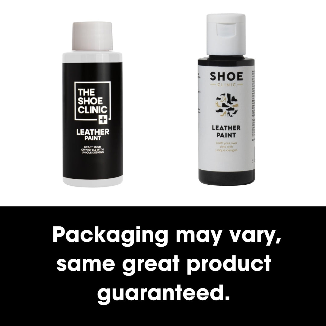 Two bottles of The Shoe Clinic leather paint products on a white background, with text indicating product variety.