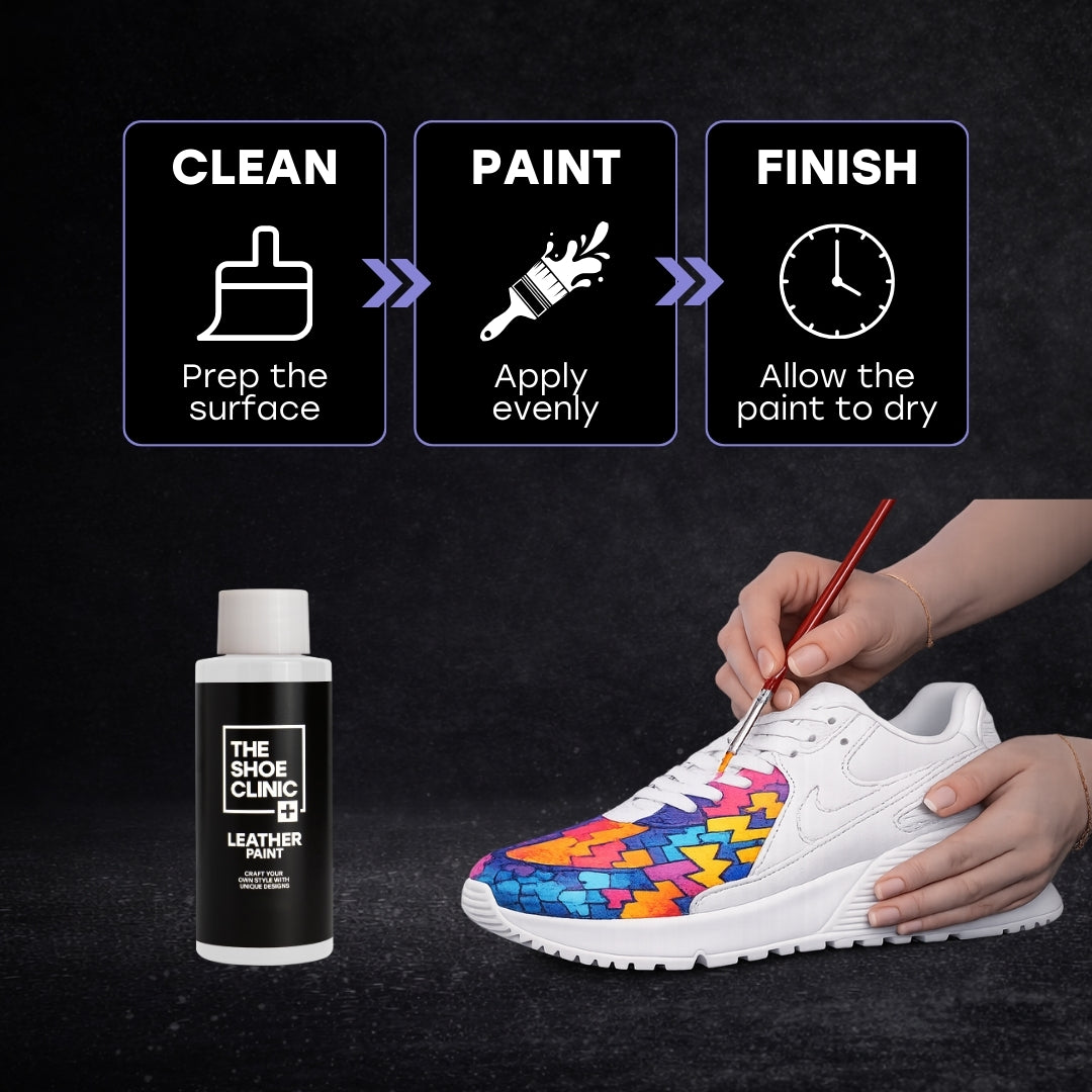Step-by-step guide to painting a shoe with a bottle of shoe clinic leather paint and a shoe being painted.