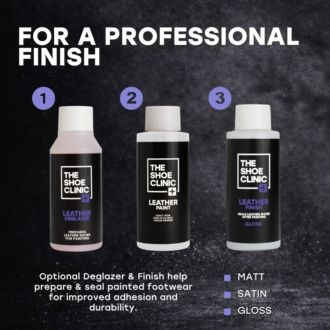 Three bottles of The Shoe Clinic leather care products on a dark textured background with text about professional finish and product types.
