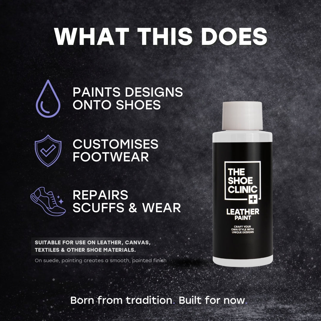 Bottle of The Shoe Clinic leather paint with features listed on a dark background