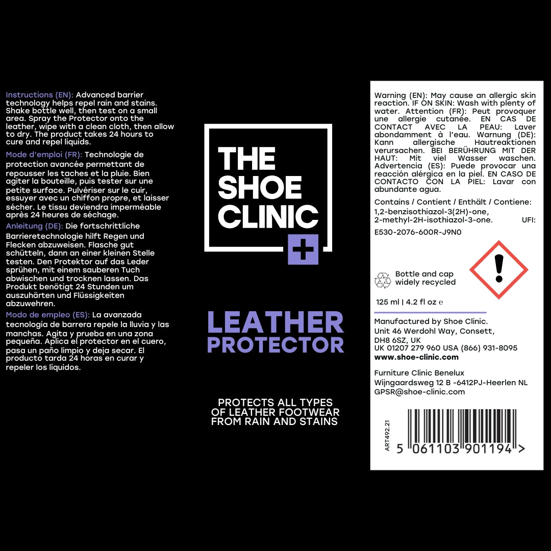 Shoe Clinic Leather Protector label showing instructions in several languages and warning messages