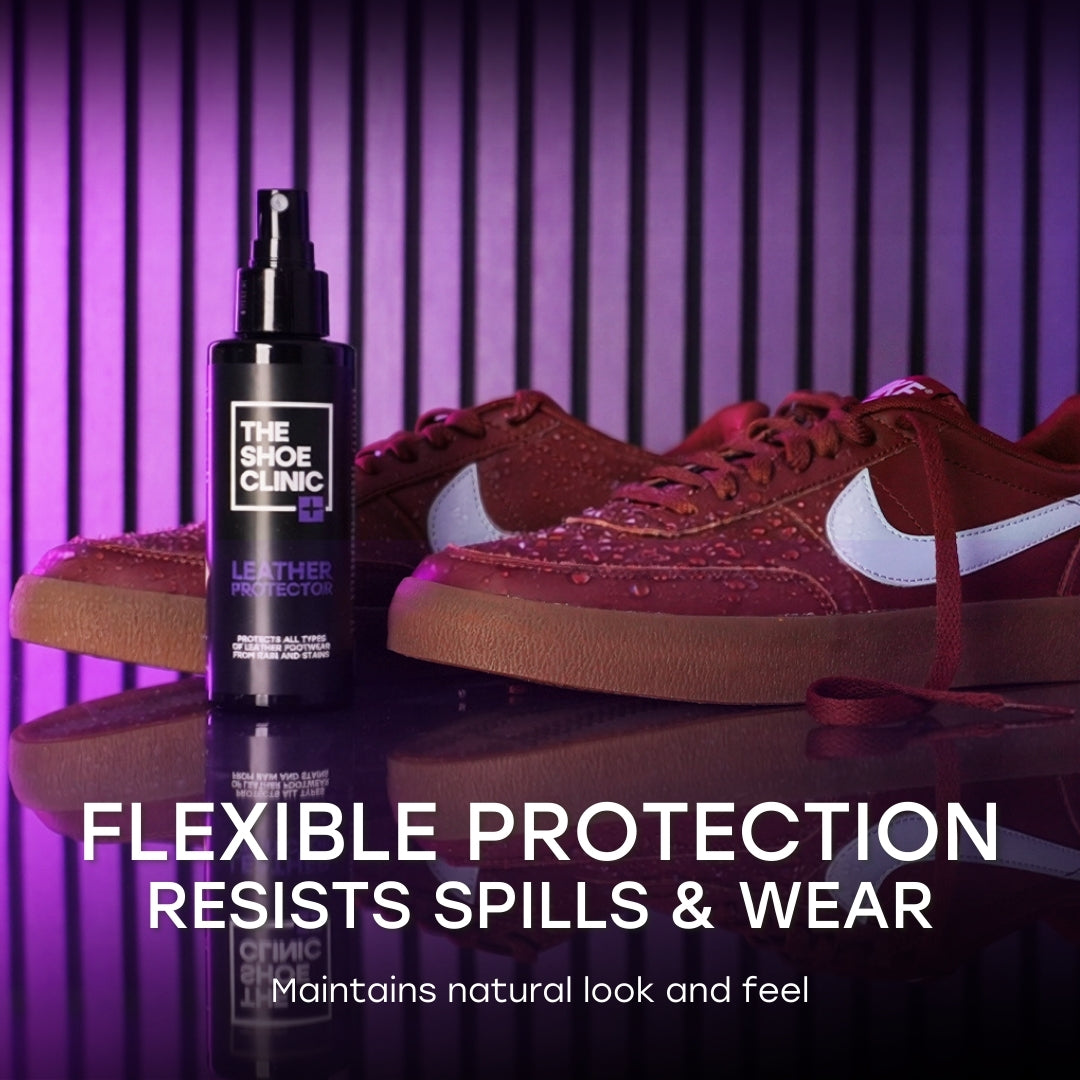Bottle of The Shoe Clinic leather protector with brown sneakers on a purple background