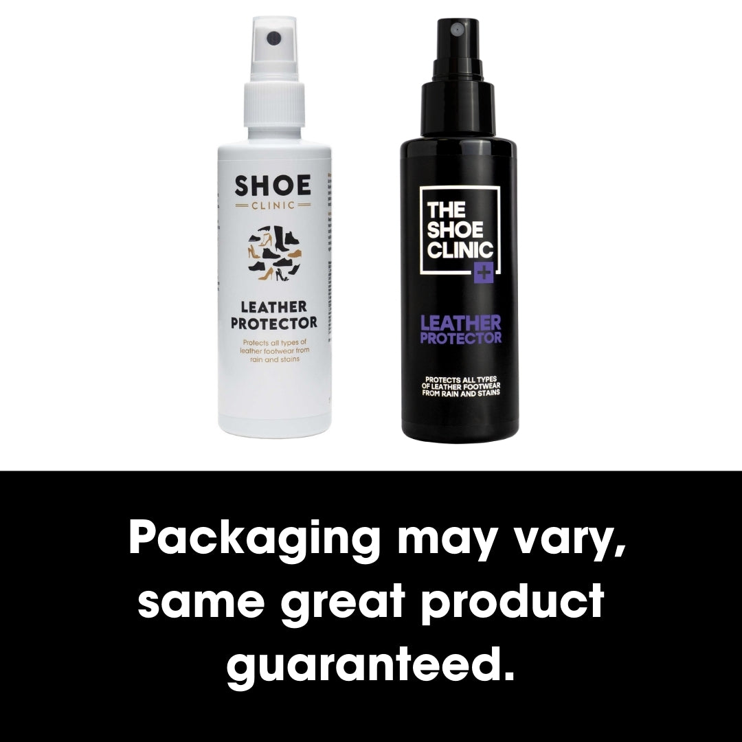Two bottles of The Shoe Clinic leather protector on a white background with text indicating product variation.