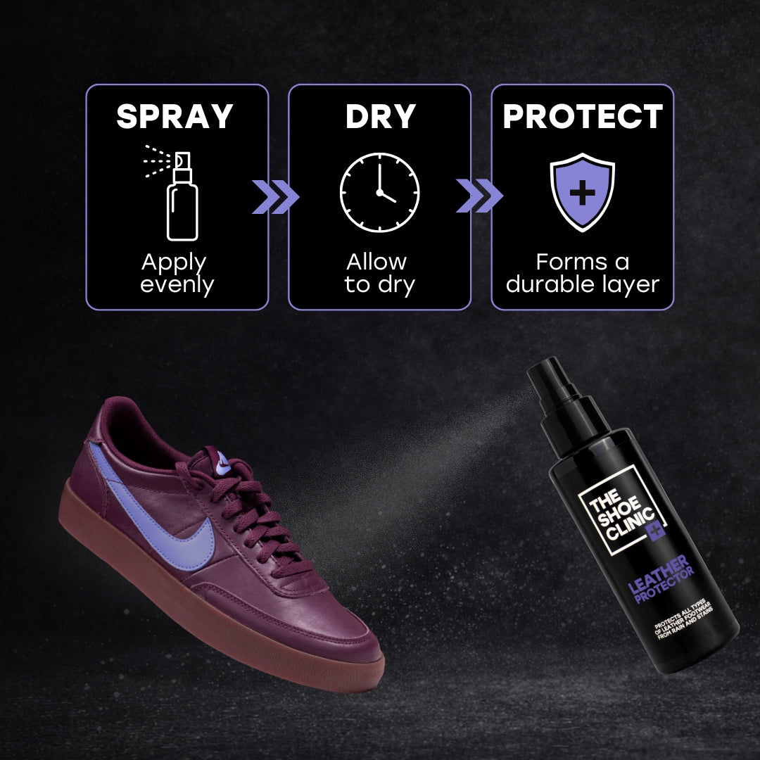 Maroon sneaker with a white logo, black spray bottle of 'Shoe Clinic Leather Protector', and step-by-step guide on a dark background.
