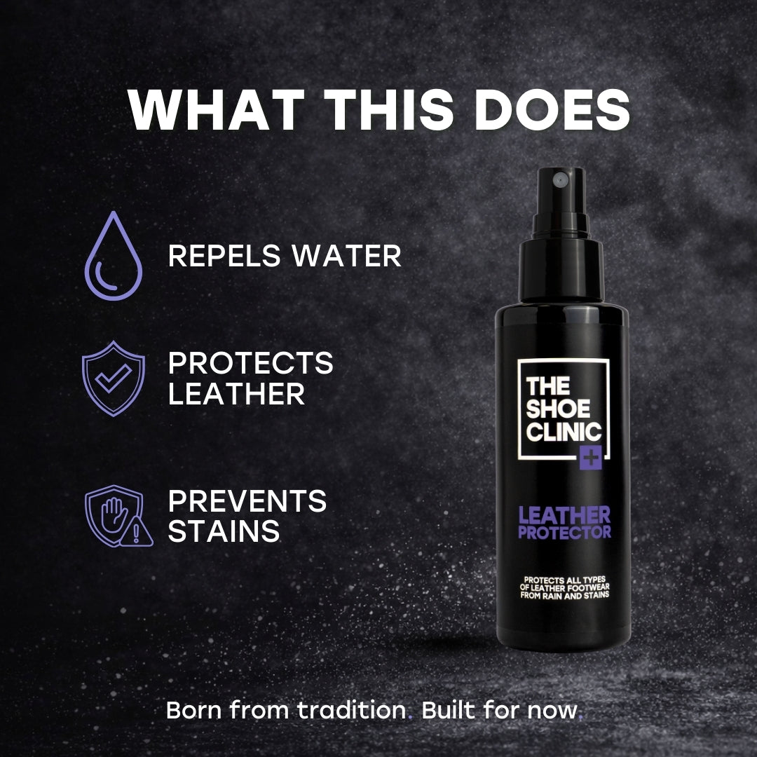 Black bottle of The Shoe Clinic leather protector with features listed on a dark background