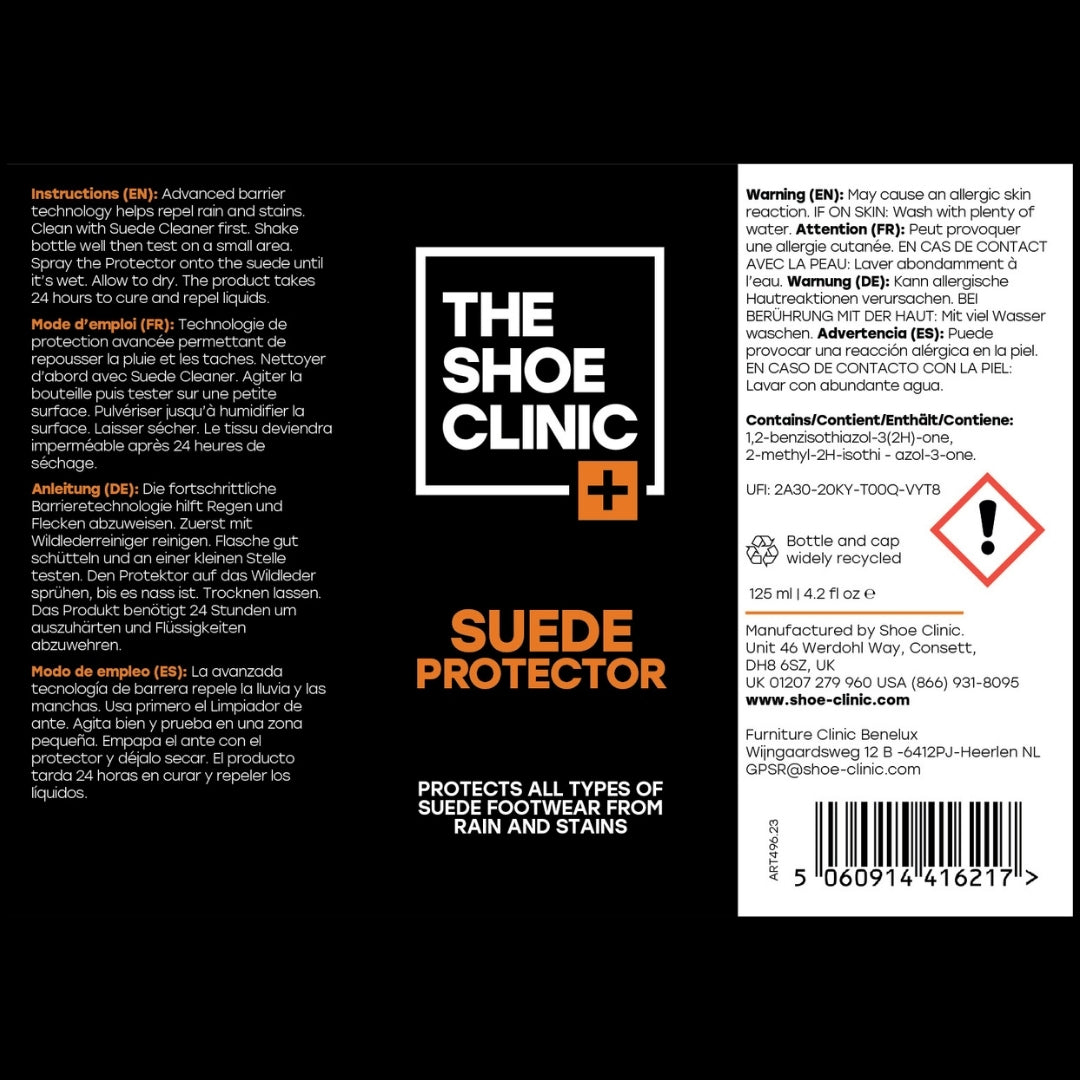 Label of The Shoe Clinic Suede Protector showing instructions in several languages and warning messages
