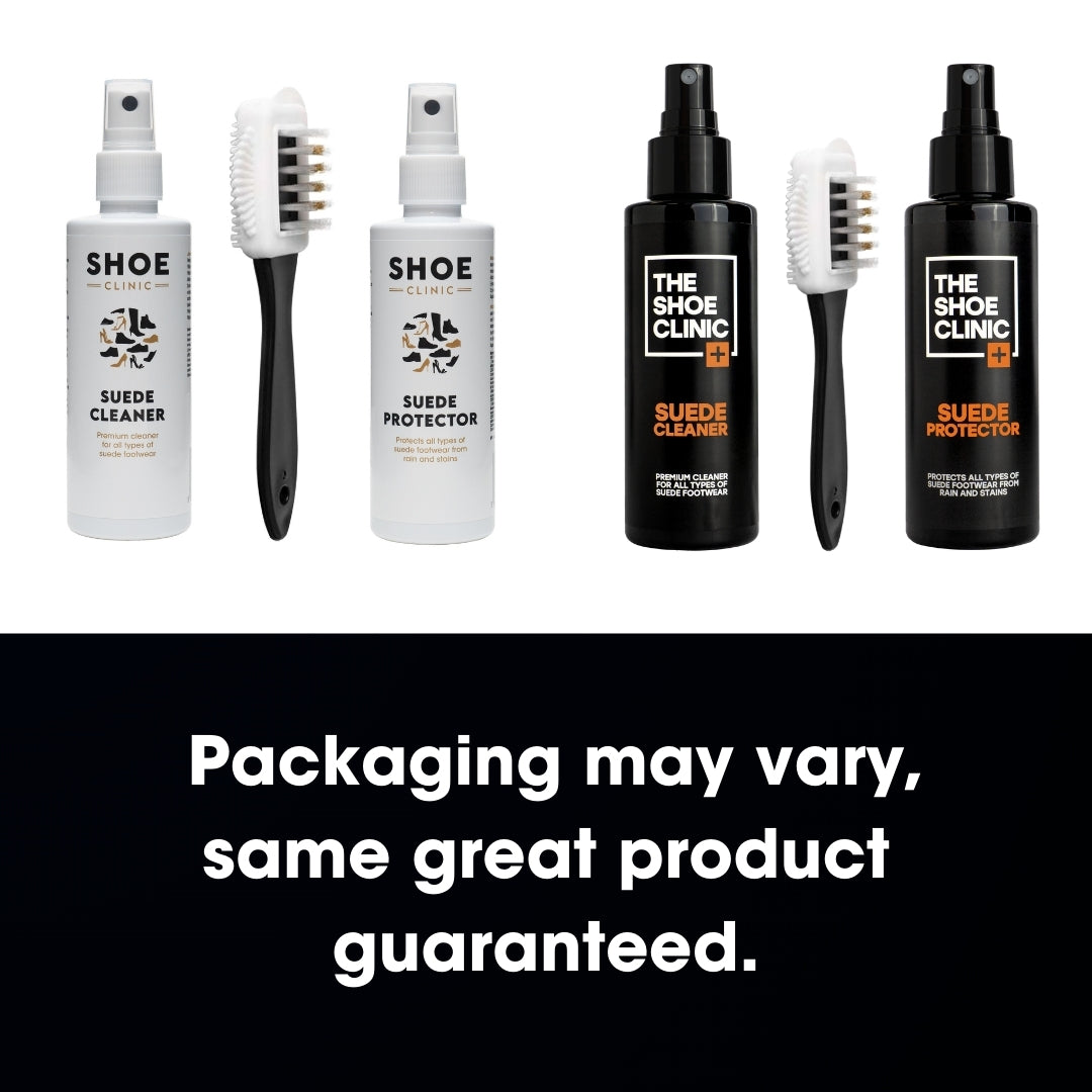 The Shoe Clinic suede care products including sprays and brushes on a white background with text indicating product variation.