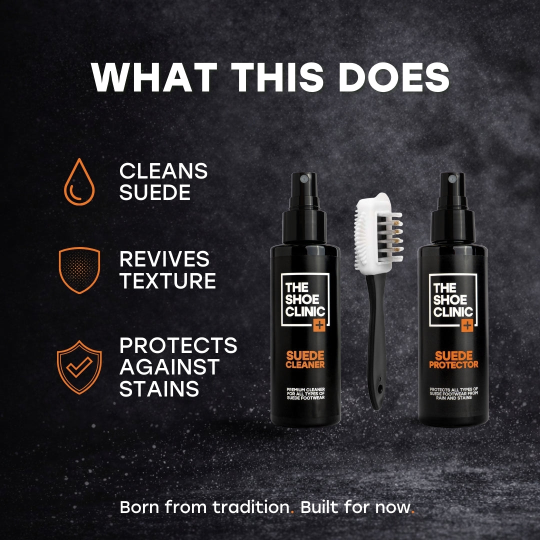 The Shoe Clinic suede cleaner, protector and brush with text on a dark background