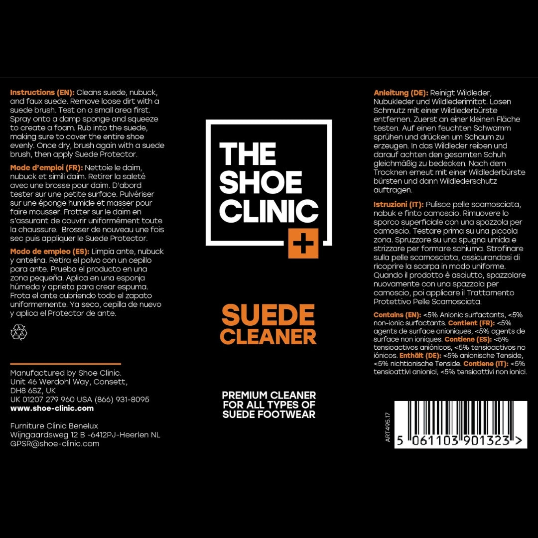 Back label of The Shoe Clinic Suede Cleaner showing instructions in several languages and warning messages.