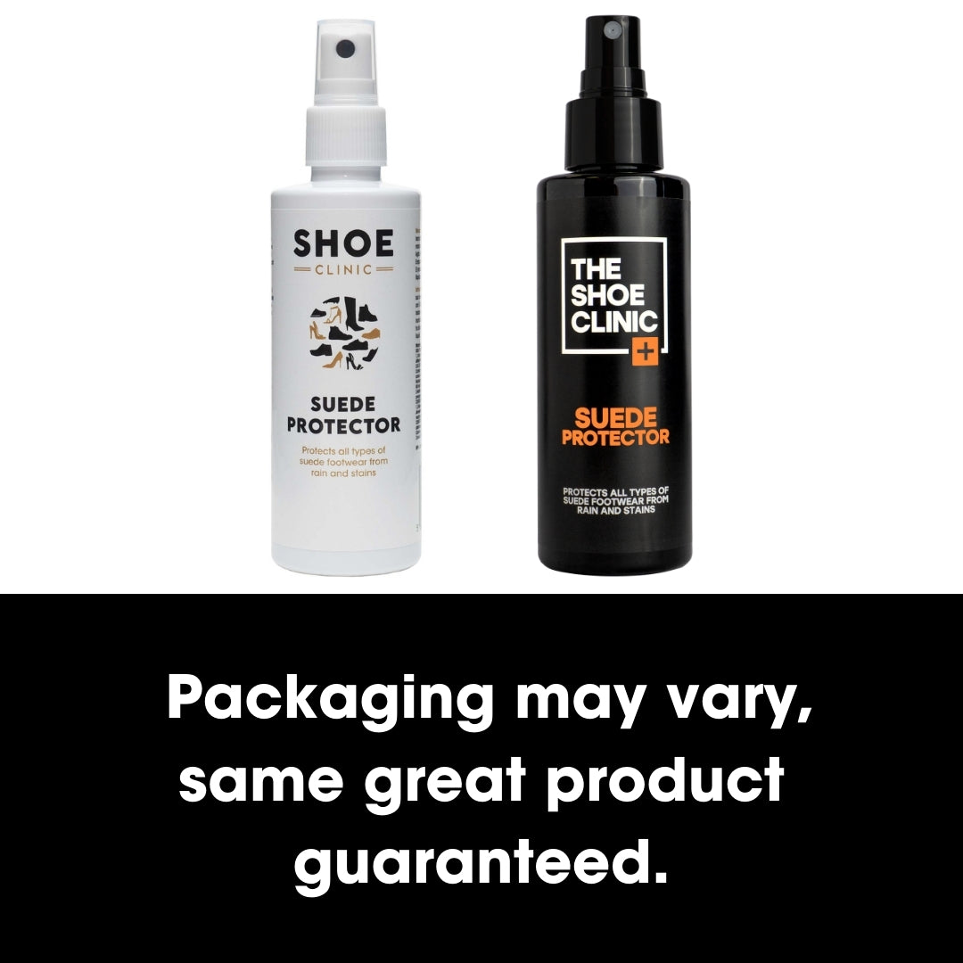 Two bottles of The Shoe Clinic Suede Protector on a white background, with text indicating product variation.