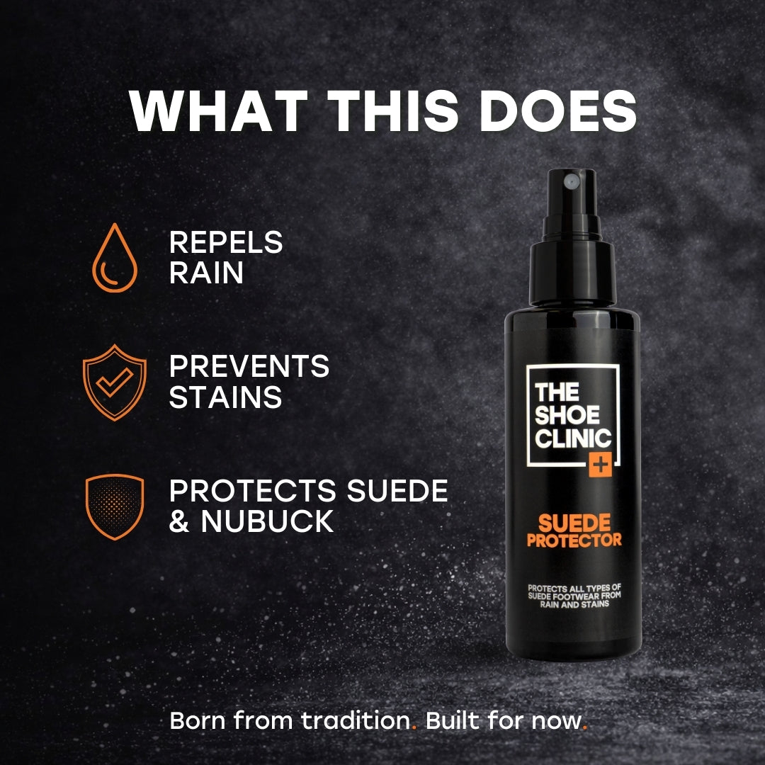 Black bottle of The Shoe Clinic Suede Protector with features listed on a dark background