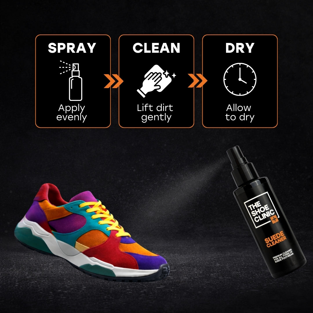 Colorful sneaker being cleaned with a spray bottle labeled 'The Shoe Clinic, Suede Cleaner' on a dark background with simple instructions.