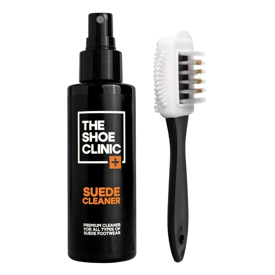 Suede cleaner bottle and brush set from The Shoe Clinic on a white background