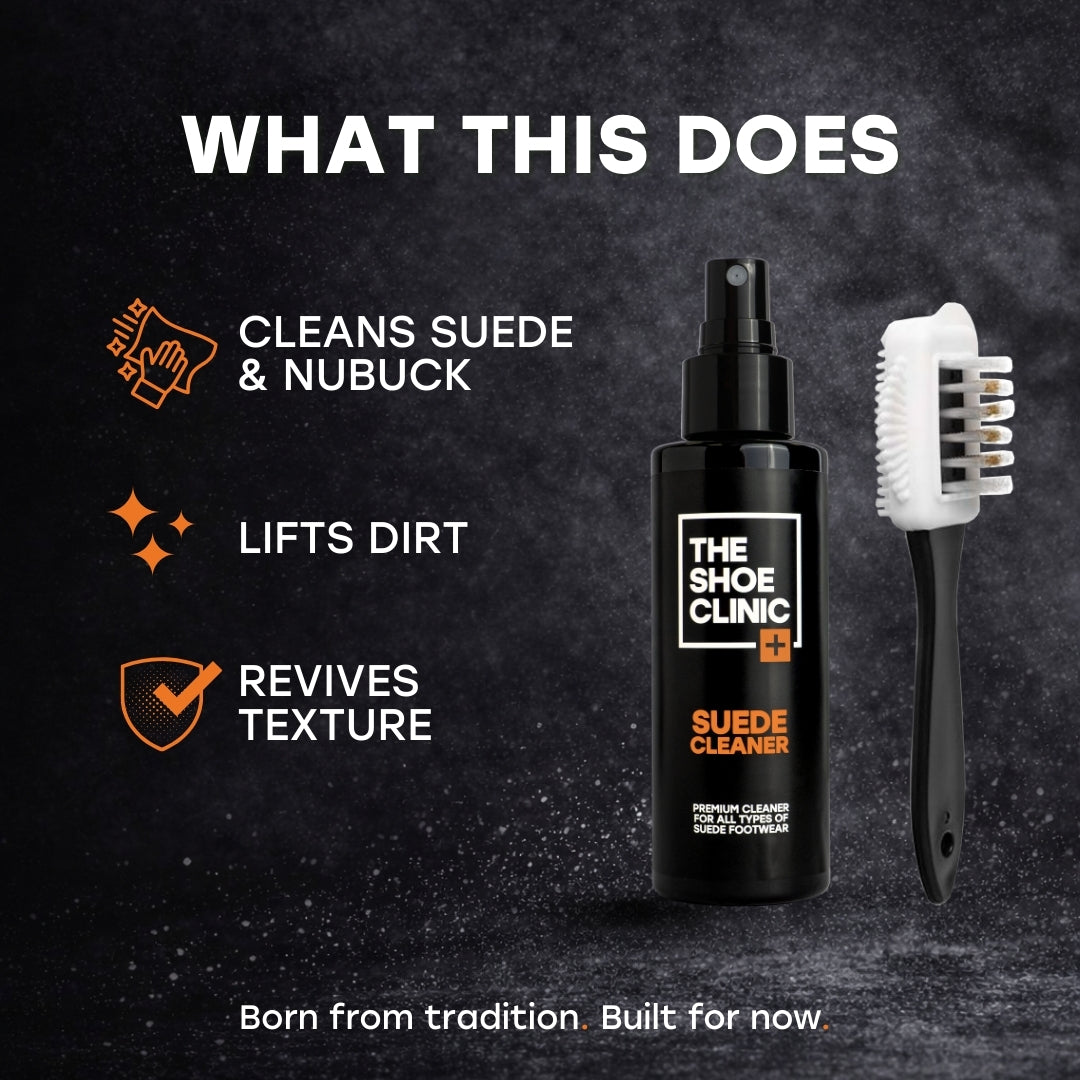 Suede cleaner bottle with brush on a dark background with text about product features.
