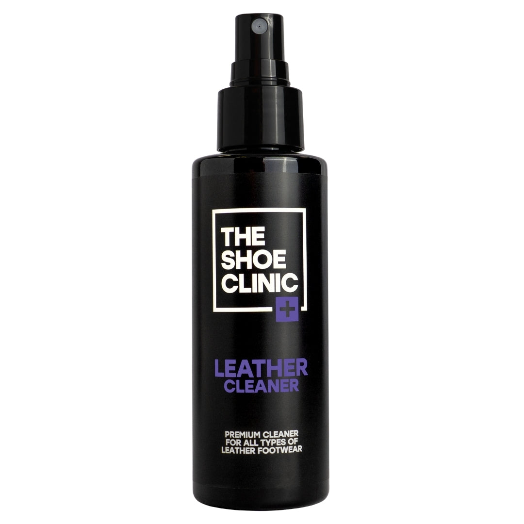 Black spray bottle of The Shoe Clinic leather cleaner on a white background