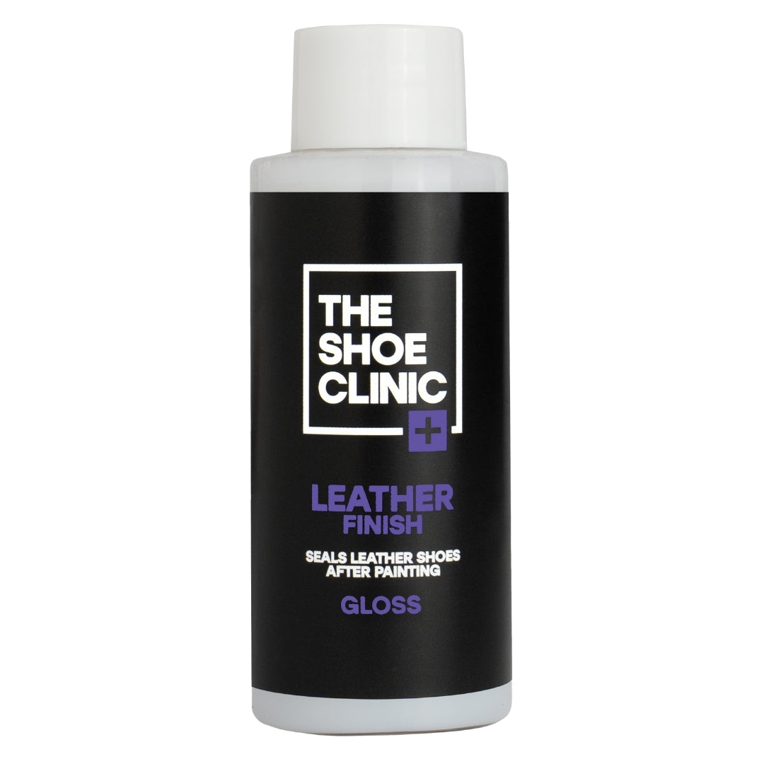 Bottle of The Shoe Clinic leather finish gloss on a white background