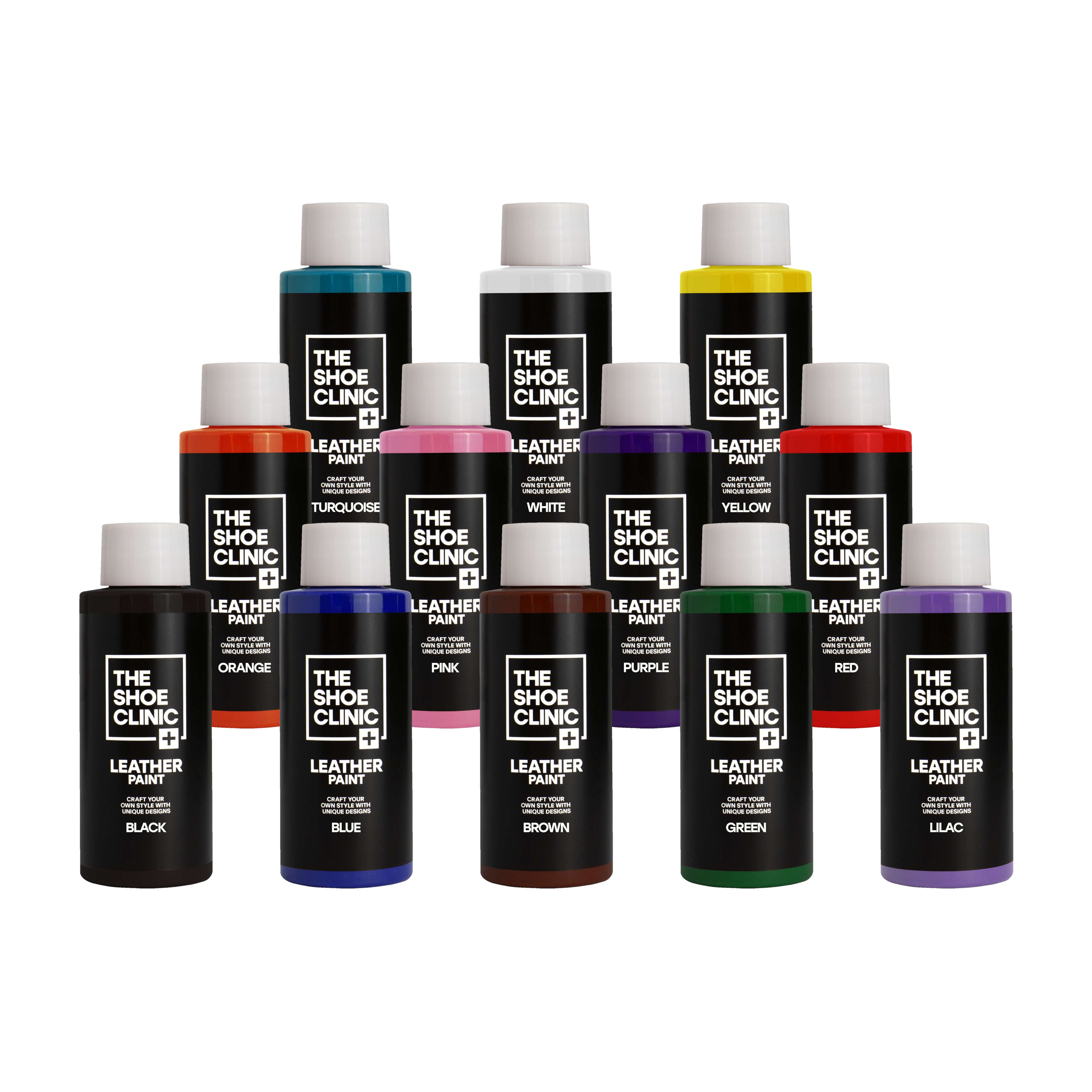 Collection of bottles howing the range of colours for Shoe Clinic Leather Paint