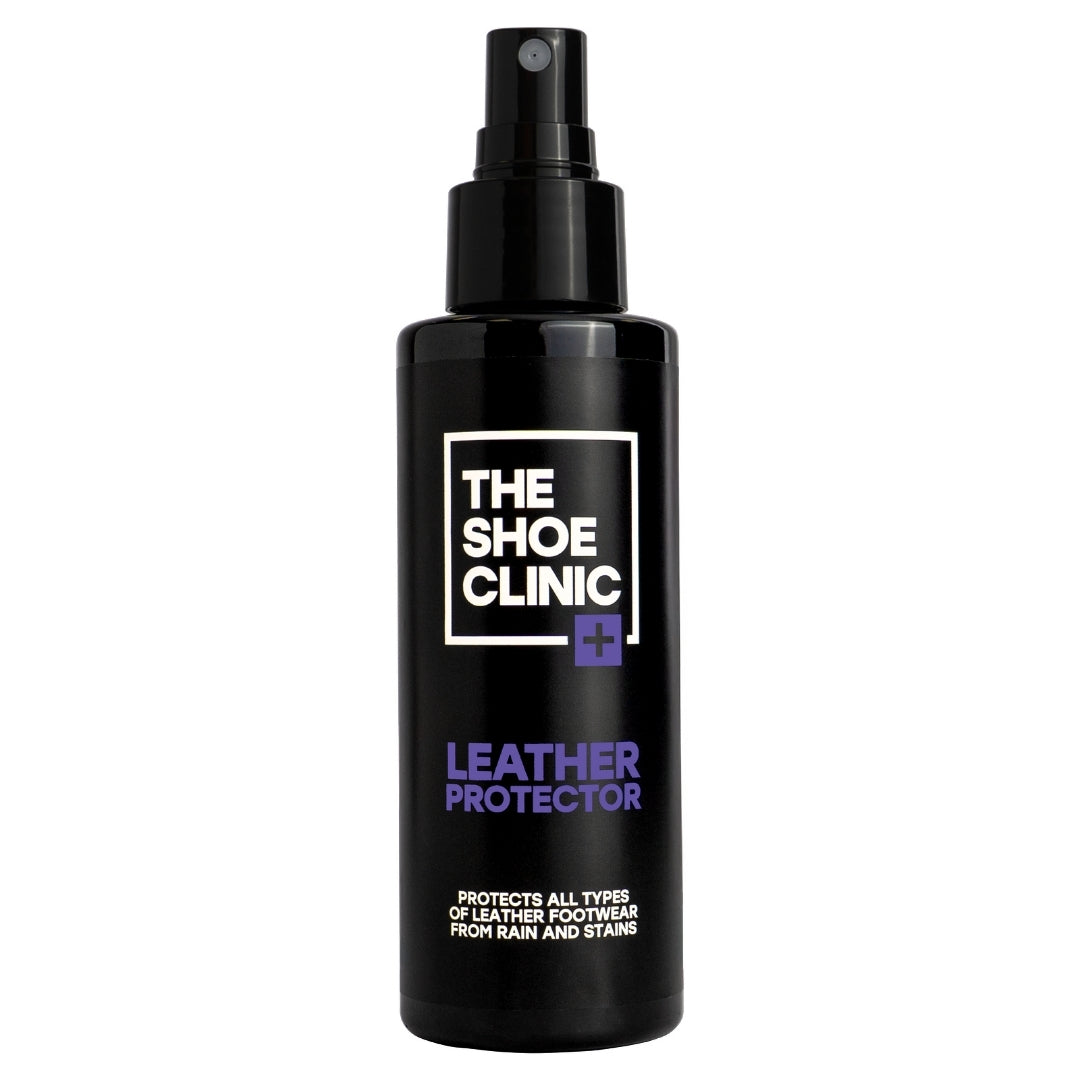 Black spray bottle labeled 'Shoe Clinic, Leather Protector' on a white background.