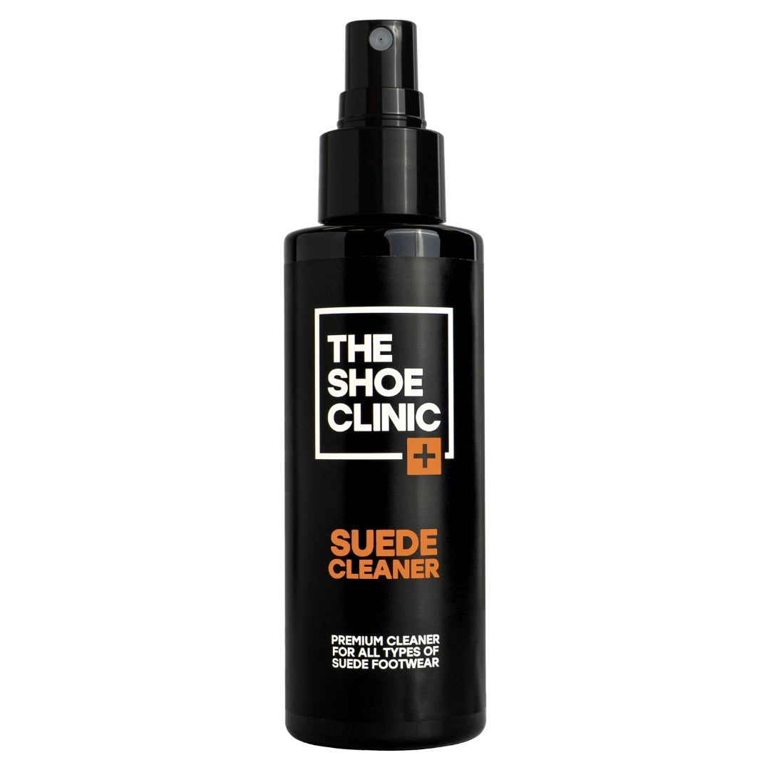 Black spray bottle labeled 'The Shoe Clinic, Suede Cleaner' on a white background